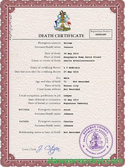 Bahamas vital record death certificate PSD template